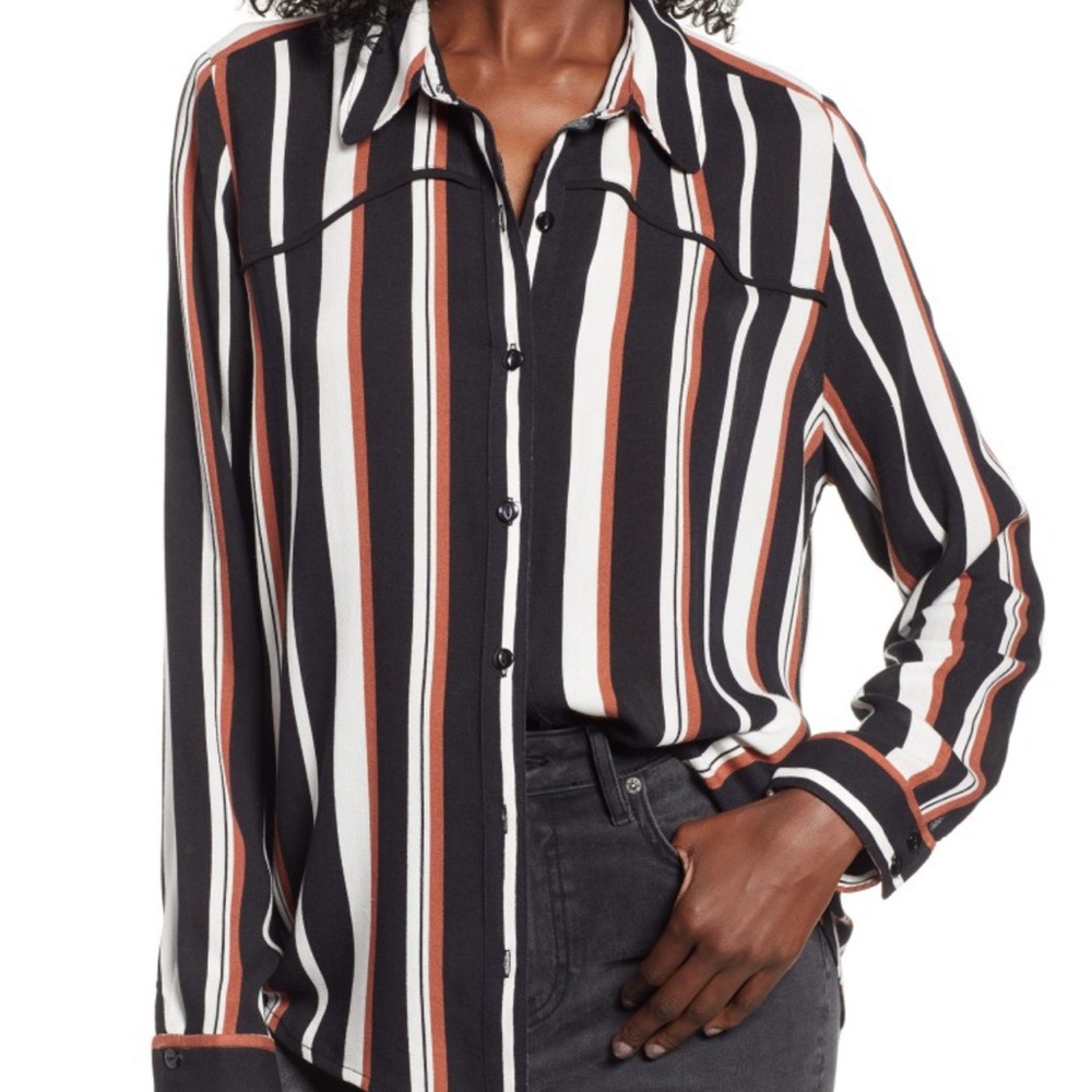 Striped BP button-down blouse, size medium, black/brown/white